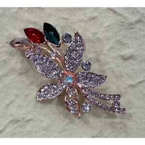 Vintage  Mid-Century Rhinestone Flower Leaf Brooch with Red Green Marquise CP27
